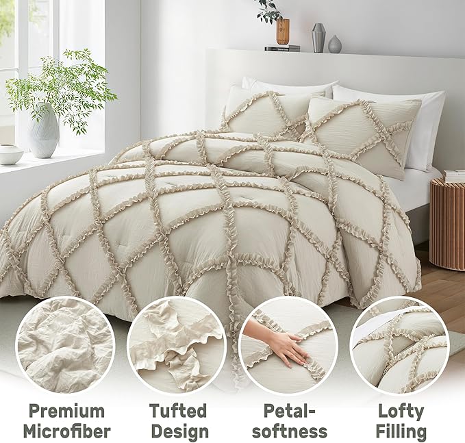 Bonlino King Comforter Set Soft Bedding - 3 Pcs Tufted Decor Fluffy Comforter Boho Bed in a Bag with Cute Lightweight Pillowcase for Dorm Farmhouse Bedroom Luxury Gift(Wheat)