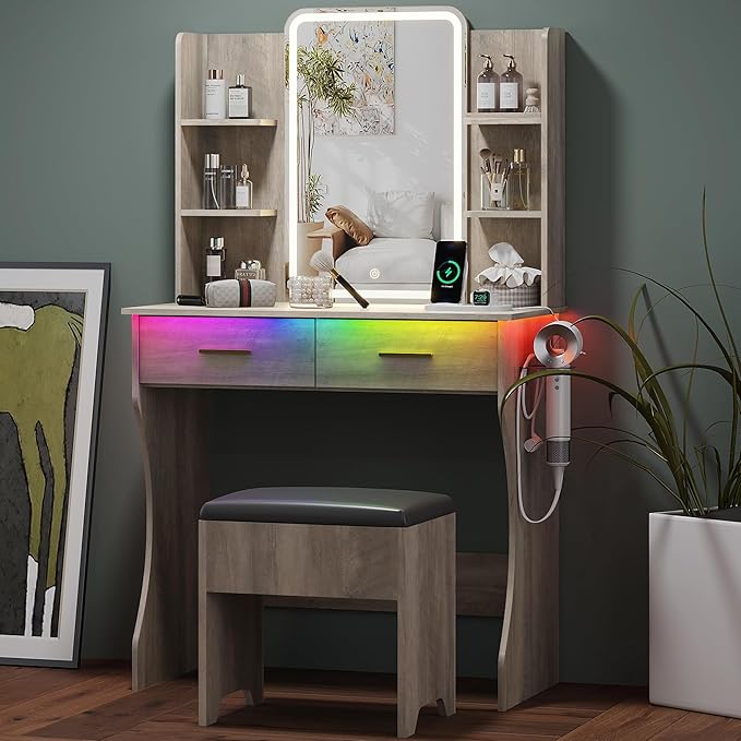 Small Vanity Desk with Mirror and Lights, Makeup Vanity with LED Lights, Grey Vanity Mirror with Lighted Desk and Chair, 3 Lighting Adjustable Compact Dressing Table with Mirror for Women, Girls