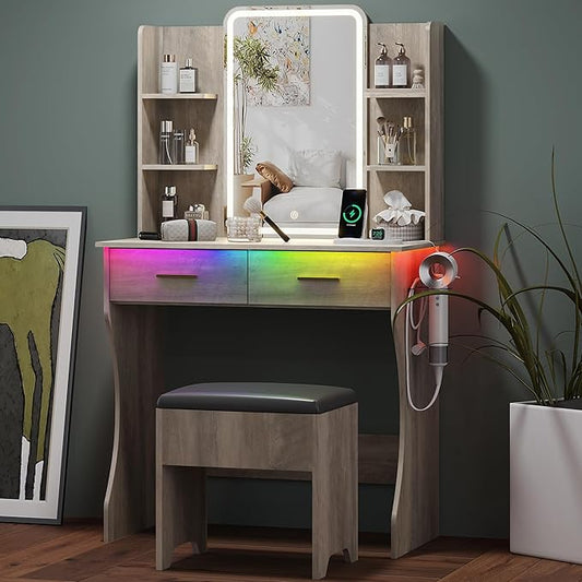 Small Vanity Desk with Mirror and Lights, Makeup Vanity with LED Lights, Grey Vanity Mirror with Lighted Desk and Chair, 3 Lighting Adjustable Compact Dressing Table with Mirror for Women, Girls