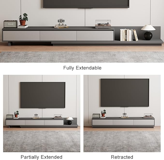 Adjustable TV Stand with 3 Drawers - Mid-Century Modern Extendable Entertainment Center for Living Room or Bedroom(78.7–130"), Stylish Gray Media Console