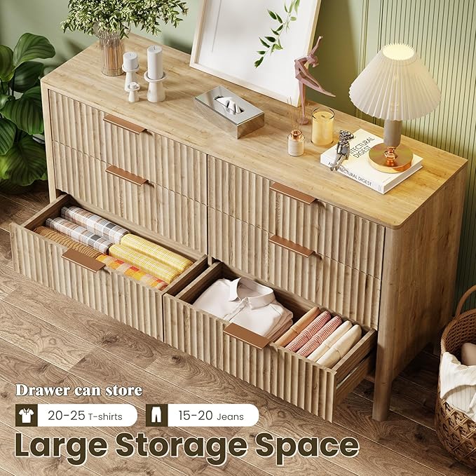 55" Wide Fluted 6 Drawer Dresser for Bedroom, Wooden Dresser Modern Chest of Drawers TV Stand Dressers with Organizer Storage for Bedroom, Living Room, Entryway, Oak