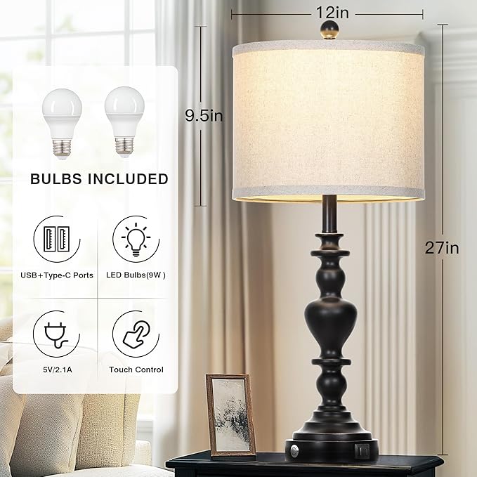 27" Farmhouse Vintage Lamps Set of 2 with USB C+A Charging Ports, Black Rustic Touch Control Table Lamp for Living Room, 3-Way Dimmable Traditional Nightstand Bedside Lamp Linen Washed for Bedroom