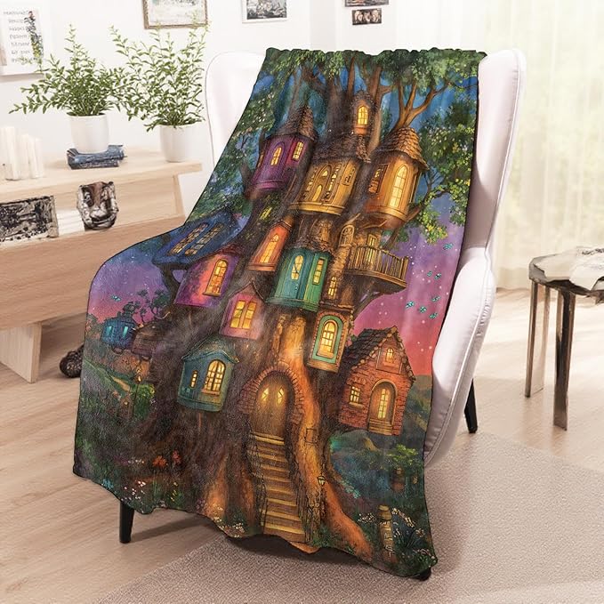 Whimsical House Blanket, Cozy Flannel Enchanted Village in a Giant Tree Throw Blanket for Couch Outdoor, Plush Soft Lightweight Blankets for Bed Decor and Gifts, for Women Kids Adults 50"x60"