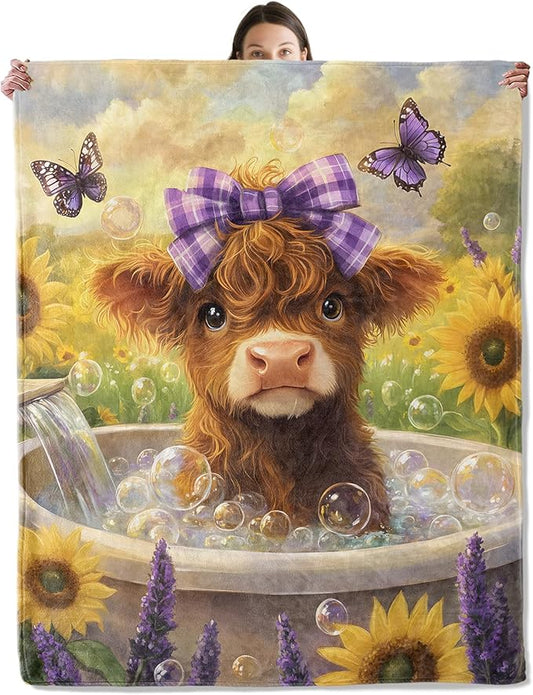 Cute Highland Cow with Bow Blanket, Cozy Flannel Calf Bubble Bath Throw Blanket for Couch Outdoor, Plush Soft Lightweight Travel Blankets for Bed Decor and Gifts, for Women Adults Kids 50"x60"
