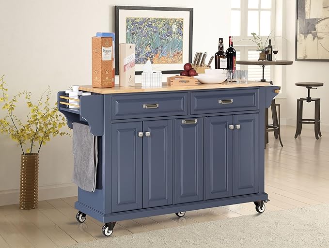 Generic Cambridge Mobile Kitchen Island on Wheels with Storage and Wood top, Rolling Island with Spice Rack and Towel Holder, 60.5 Inch Width Island Table for Kitchen, (Blue), Large