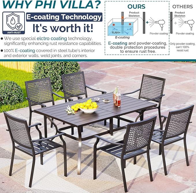 PHI VILLA Patio Dining Table Set for 6 Person Bistro Chairs Contemporary Dining Table Outdoor Dining Set of 7 Pieces Conversation Set Patio Furniture for Outdoor Garden,Yard