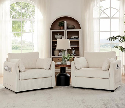 Accent Chair Set of 2 Living Room Chairs in Corduroy Fabric,Reading Chair Sofa couches for Apartment Bedroom and Small Spaces. (Beige, 2 Chairs)