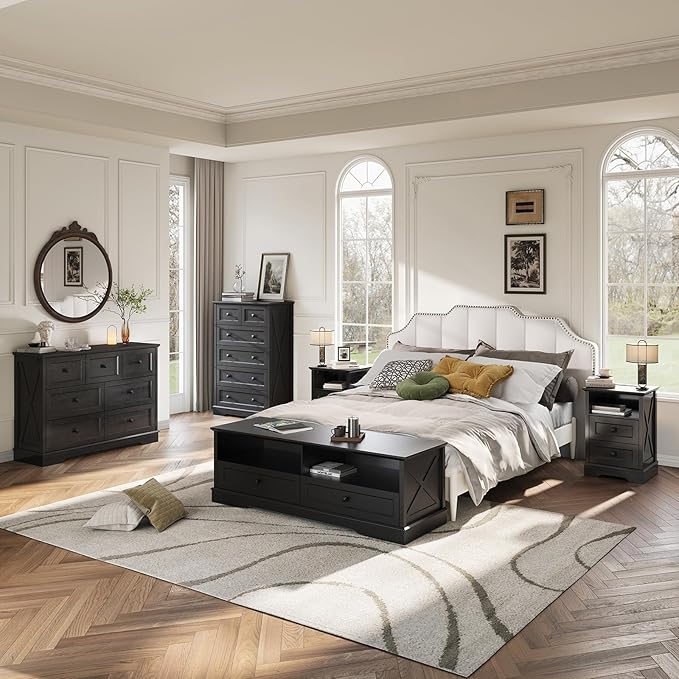 Farmhouse 7 Drawers Dresser for Bedroom with Charging Station, Wide Black 7 Chest of Drawers, Wood Dressers Organizer for Closet, Modern Storage Organizer Cabinet for Living Room,Hallway & Entryway﻿