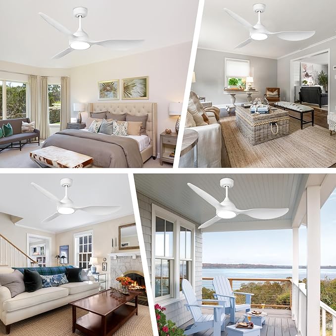 reiga 52 inch White Modern Ceiling Fans with Lights Remote Control, Quiet Reversible DC Motor, 3 Blade High Flow for Living Room Bedroom Farmhouse
