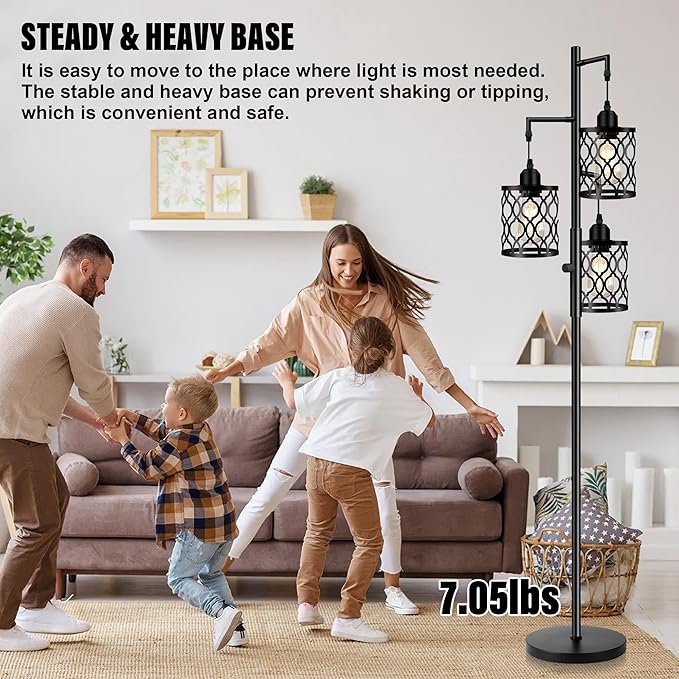 Dimmable Farmhouse Floor Lamp, Industrial Floor Lamp for Living Room with 3 X 6W LED Bulbs, 3 Light Rustic Standing Tall Lamp for Bedroom, Office, 68"