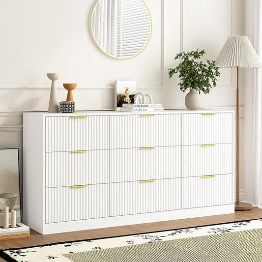 9 Drawer Dresser for Bedroom with Deep Drawers, 63" Wide Wood Dresser, Large Floor Chest of Drawers, Modern Long TV Stand, Storage Cabinet Side Table, White