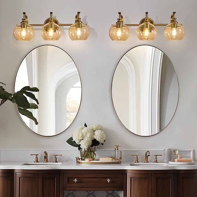 ANDY STAR Gold Bathroom Light Fixtures, Antique Brass Vanity Light, 3 Lights Wall Light with Globe Clear Lampshade, Vintage Wall Sconce with Metal Lamp Body for Bedroom, Living Room, Hallway