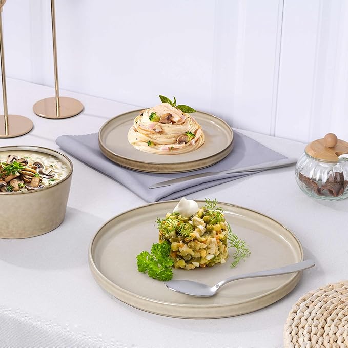 Herogo 18 Pieces Dinnerware Set Service for 6, Dinner Plates and Bowls Sets, Reactive Glaze Stoneware Dishes for Kitchen, Chip and Crack Resistant, Microwave & Dishwasher Safe, Cream Khaki