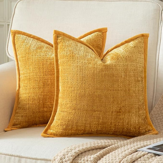 Yaertun Pack of 2 Chenille Textured Decorative Throw Pillow Covers Accent Solid Cushion Cover Soft Cozy Pillow Case with Velvet Back for Couch Sofa Bed Living Room 18x18 Inch Yellow