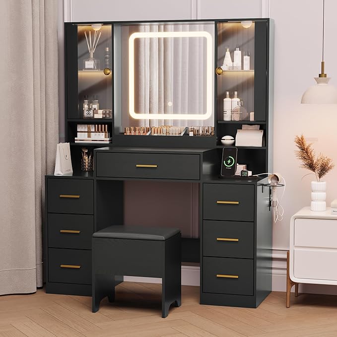 Makeup Vanity with LED Light Strip Mirror and Chair, 7 Drawers & 2 RGB Cabinets Black Vanity Makeup Desk with Power Strip, Adjustable LED Lighting, and Cushioned Stool for Women, Girls, Teens