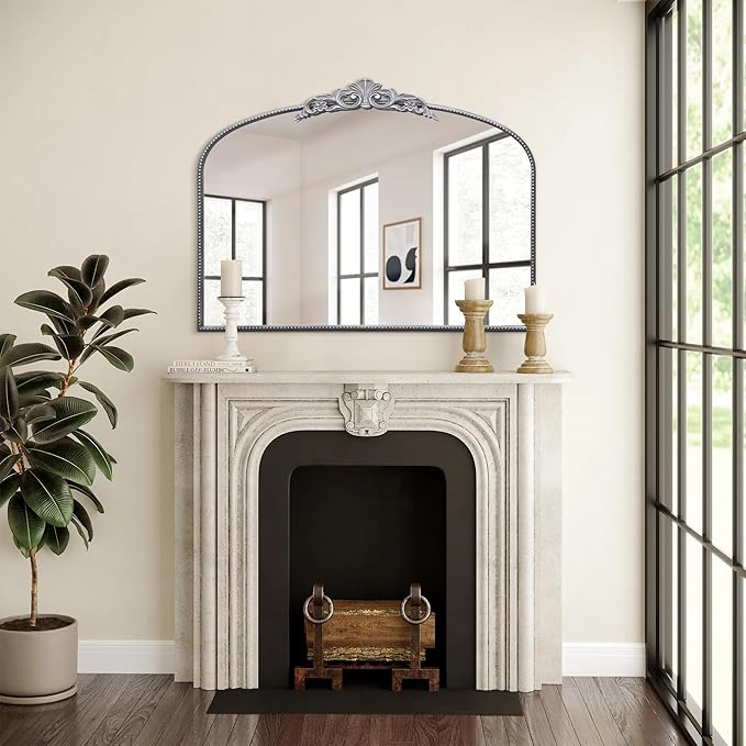 Micasso Antique Silver Wall Mirror, 40"x30" Metral Framed Arch Baroque Ornate Mantel Mirror for Bathroom, Entryway, Living Room