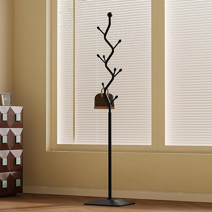 Coat Rack Freestanding Metal Coat Tree with 8 Hooks, Creative Design Tree Branch-look, Standing Coat Rack Coat Hanger Stand with Stury cast iron Base for Entryway, Hallway, Bedroom (black)