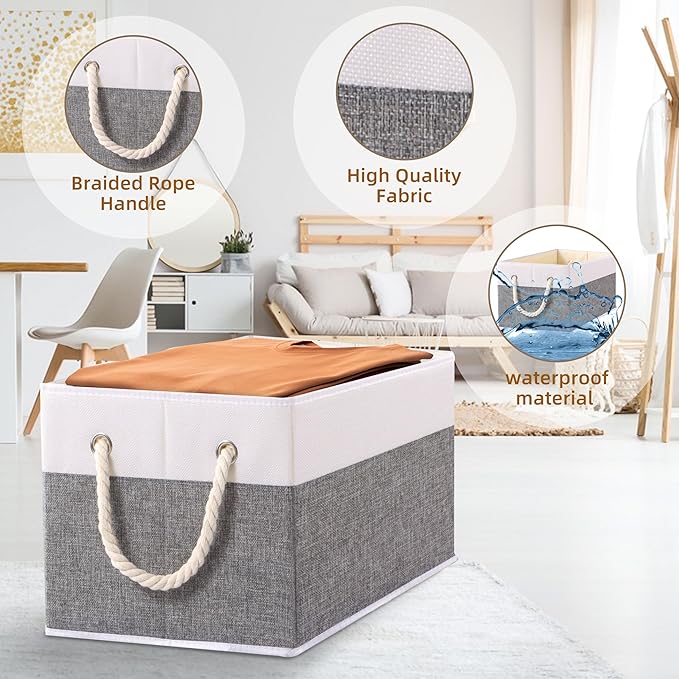 Yawinhe Foldable Storage Baskets for Shelves, Fabric Storage Cubes with Rope Handle, Closet Organizers for Clothes, 3-Pack, 14.96''Lx9.84''Wx8.26''H, White/Grey