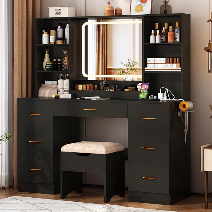47 inch Large Vanity Desk w/ 7 Drawers,Cushion Stool,Outlet,6 Shelves,Black Make up Vanity Table Set 3 Lighting Modes Brightness for Bedroom Dressing Room