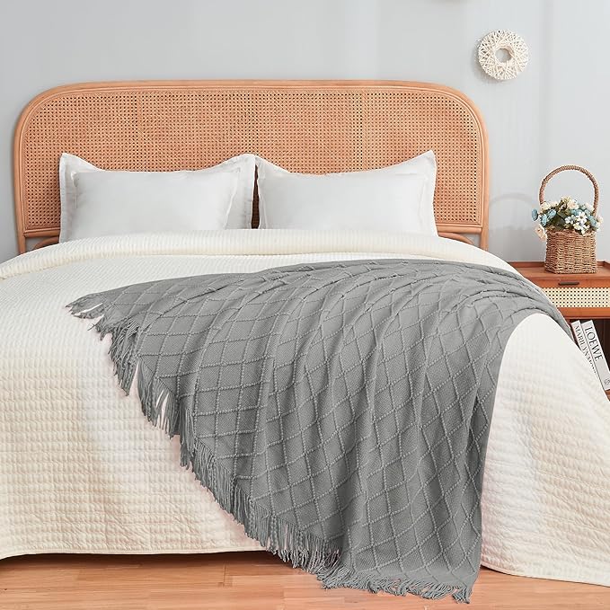 inhand Knitted Throw Blankets for Couch and Bed, Soft Cozy Knit Blanket with Tassel, Light Grey Lightweight Decorative Blankets and Throws, Farmhouse Warm Woven Blanket for Men and Women, 50"x60"