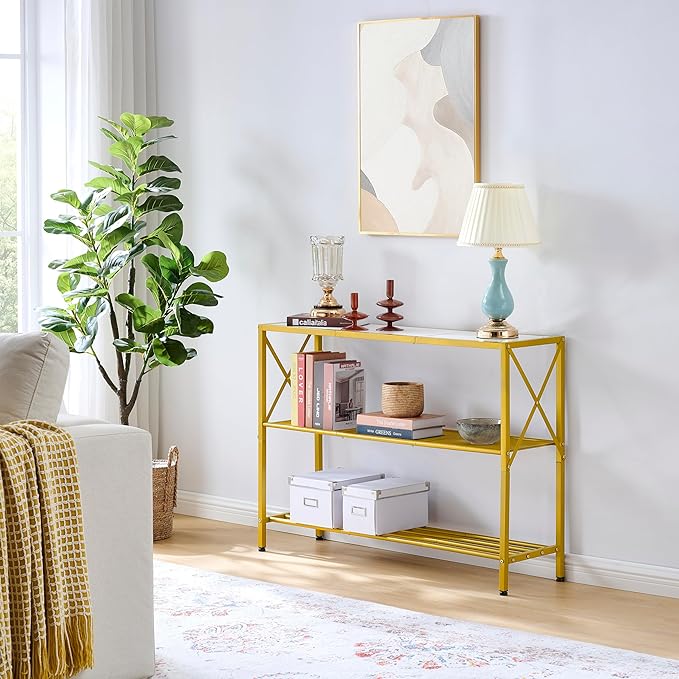 Hoctieon Gold Console Table, 3 Tier Entryway Table, Hallway Table, Narrow Sofa Table with Shelves, Entrance Table for Entryway, Gold and White