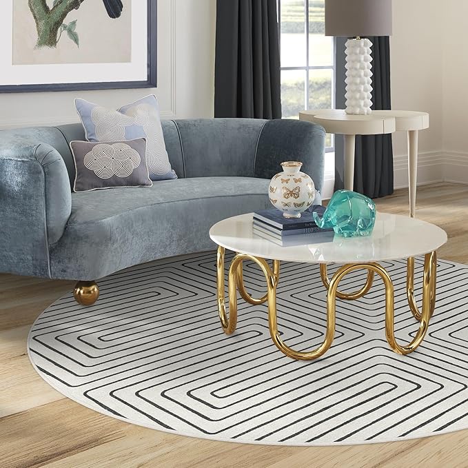 RUGGABLE x Jonathan Adler Machine Washable Area Rug – Labyrinth Black/Ivory 8 ft Round, Stain-Resistant, Non-Slip – Large Rugs for Living Room, Bedroom, Hallway, Entryway & Office–with Cushioned Pad