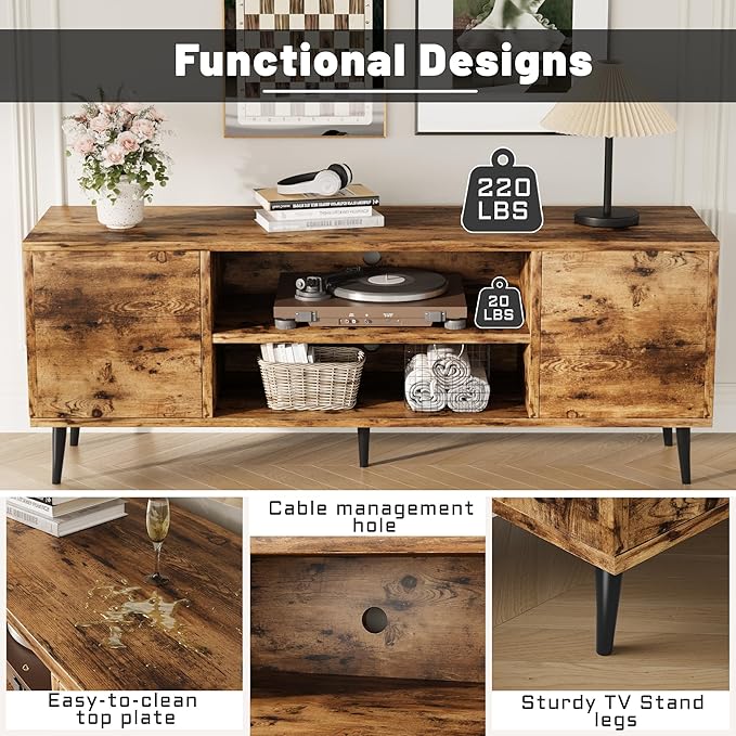 Flamaker TV Stand, 58 Inch Entertainment Center with 2 Doors and 2 Storage Cabinets for TV up to 65 inch, TV Console Table for Living Room, Bedroom, Office (Vintage Brown)