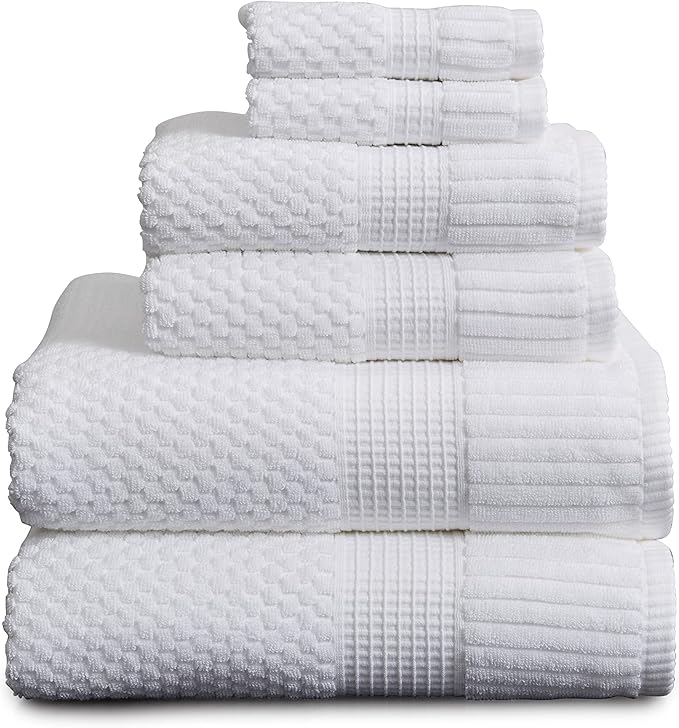 NY Loft 100% Cotton Bath Towel Set | 6 Piece Set - White Towels | Absorbent & Quick-Dry Bath Towels | Textured & Durable Cotton | Trinity Collection - Bright White