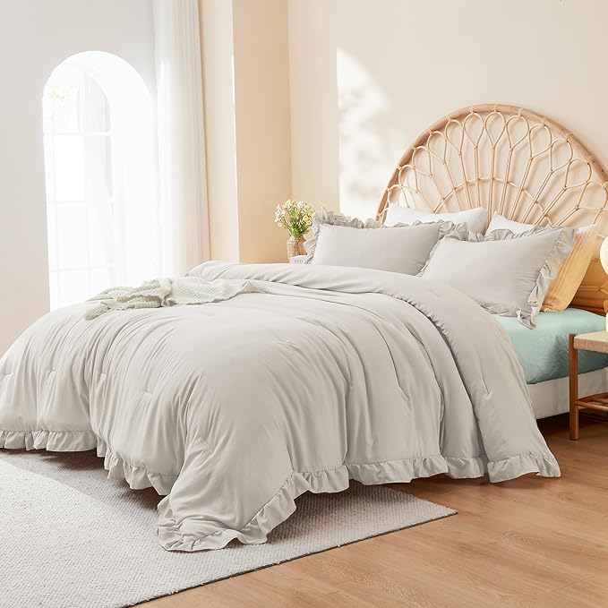 Litanika Linen Grey Queen Comforter Set, 3 Pieces Ruffle Farmhouse Aesthetic Bedding Comforter Set, All Season Soft Lightweight Fluffy Microfiber Bed Set(90x90In Comforter, 2 Pillowcases)