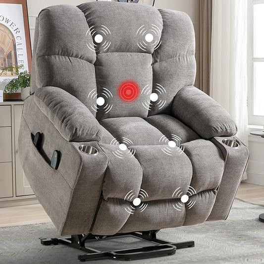 CANMOV Oversized Power Lift Recliner Chair for Elderly, Big and Tall Electric Recliner Chair with Massage and Heating, Dual Motor Heavy Duty Lift Recliner with USB Port, Cup Holders, Pockets, Grey
