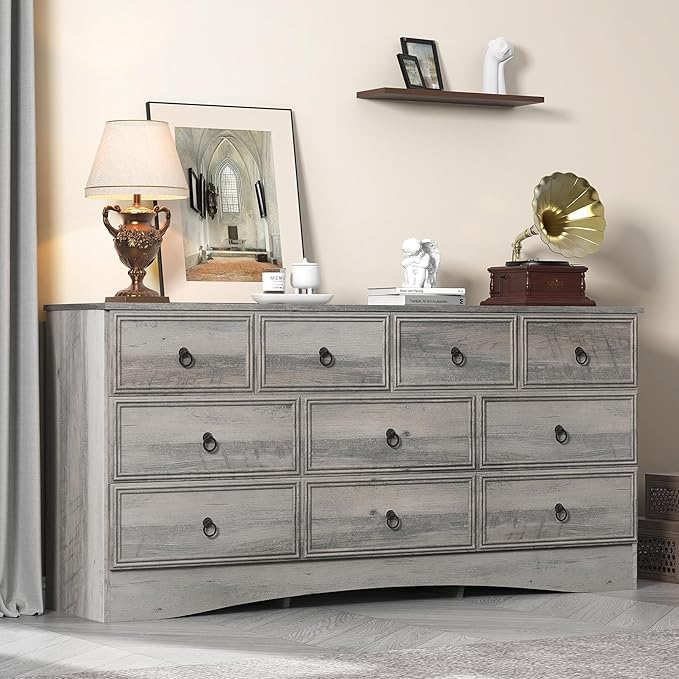 63”W Dressers for Bedroom, Grey Dresser with 10 Deep Drawer, Long Dressers & Chests of Drawers for Clothes, Easy Pulls Handle, Textured Borders, for Living Room, Hallway,Taupe Grey