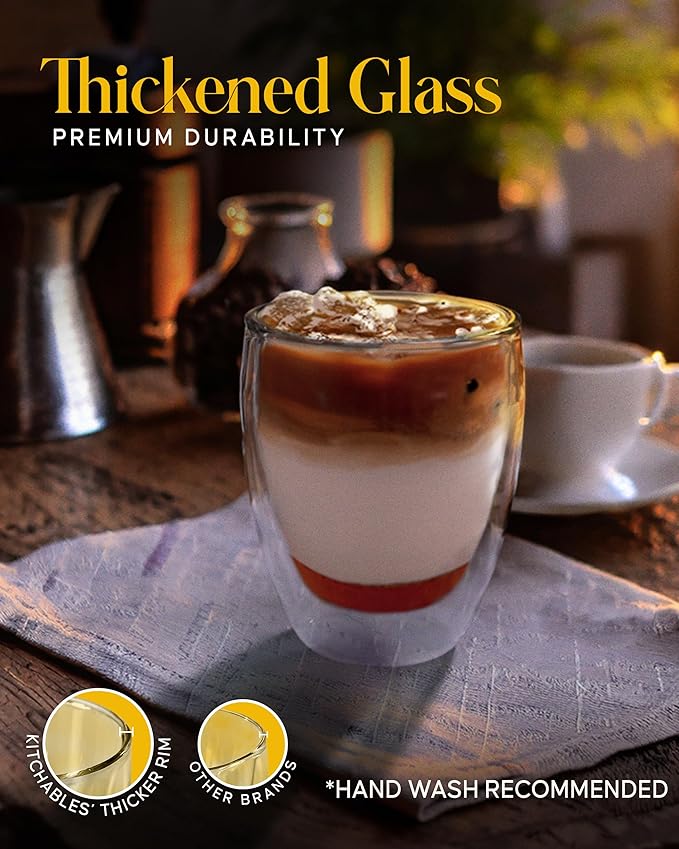 Kitchables Double Walled Glass Coffee Mugs Set of 2,12oz - Insulated Clear Coffee Mug for Cappuccino, Latte, Tea, Espresso - Latte cup - Tazas Para Cafe