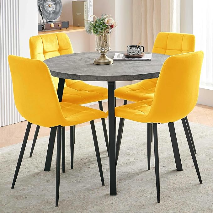 Modern Kitchen Table Set with 4 Chairs, Grey Faux Wood Table with Hooks, Upholstered Velvet Yellow Dining Chairs for Restaurant, Dining Room