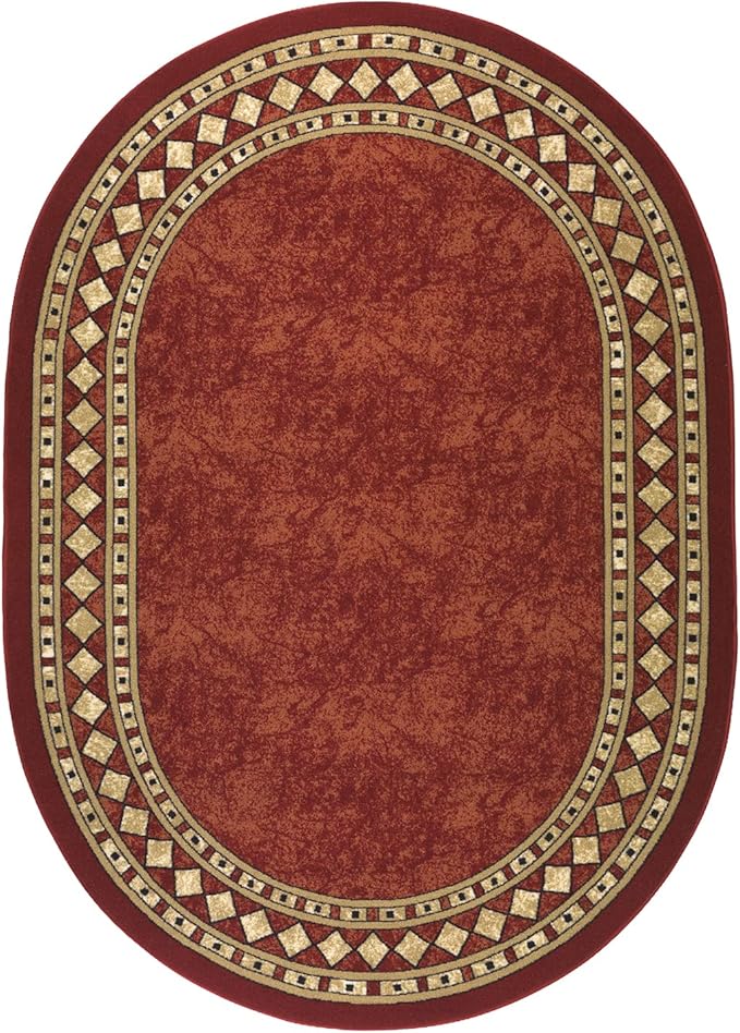 Antep Rugs Alfombras Modern Bordered 5x7 Non-Skid (Non-Slip) Low Profile Pile Rubber Backing Indoor Area Rugs (Maroon Beige, 5' x 7' Oval)