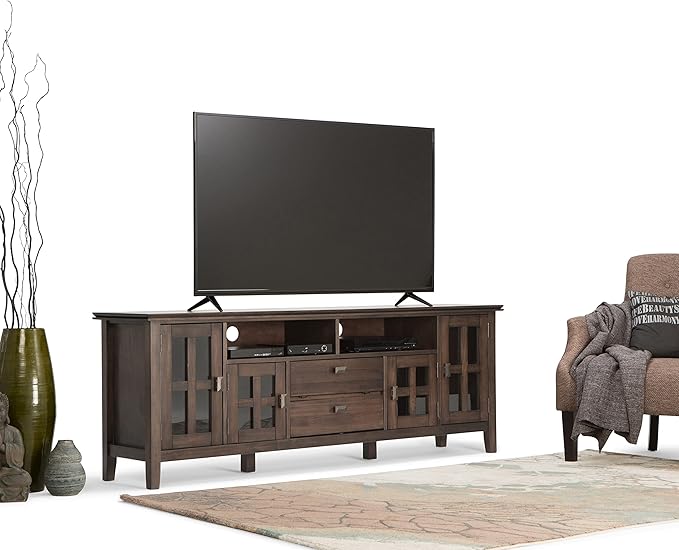 SIMPLIHOME Artisan SOLID WOOD 72 Inch Wide Transitional TV Media Stand in Natural Aged Brown for TVs up to 80 Inch, For the Living Room and Entertainment Center