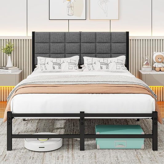 Twin Bed Frame Upholstered Platform Bed Frame with Headboard,Metal Bed Frame Twin Size with Metal Slats Support,No Box Spring Needed/Under Bed Storage/Easy Assembly,Noise Free,Grey