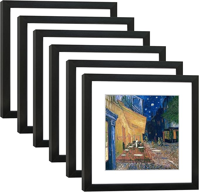 11x11 Picture Frame Set of 6 with Real Glass for Pictures 8x8 with Mat or 11x11 Without Mat, Wall Gallery or Tabletop display Photo Frames in Black