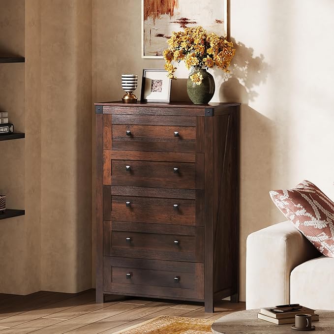 WLIVE Farmhouse Brown Dresser for Bedroom, 5 Drawer Dresser Storage Organizer, Tall Wood Dressers with Double Rustic Handle, Chest of Drawers for Living Room, Hallway, Closet