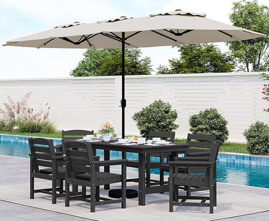 SERWALL 8-Piece Patio Dining Sets with 15FT Double Side Patio Umbrella, Outdoor HDPE Dining Furniture Set with Umbrella Hole Cut-Out Table and 6 Chairs, Black（Umbreall Base not Included）