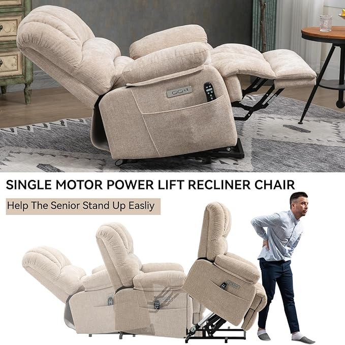 Large Power Lift Recliner Chair with Massage and Heat for Elderly, Ergonomic Backrest, Infinite Adjust, 2 Side Pockets,USB and Type-C Ports, Chenille Beige