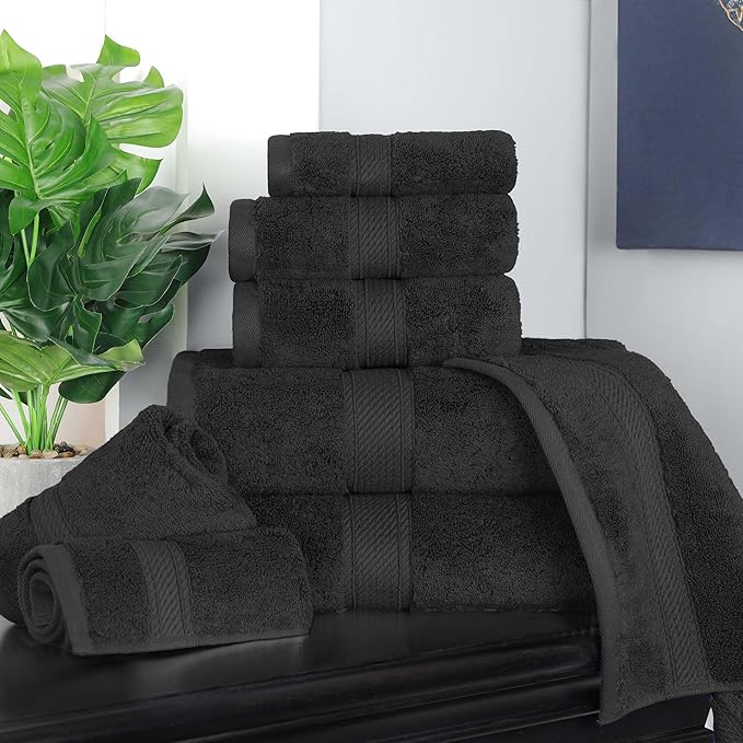 Superior Egyptian Cotton Pile 8 Piece Towel Set, Includes 2 Bath, 2 Hand, 4 Face Towels/Washcloths, Ultra Soft Luxury Towels, Thick Plush Essentials, Guest Bath, Spa, Hotel Bathroom, Black