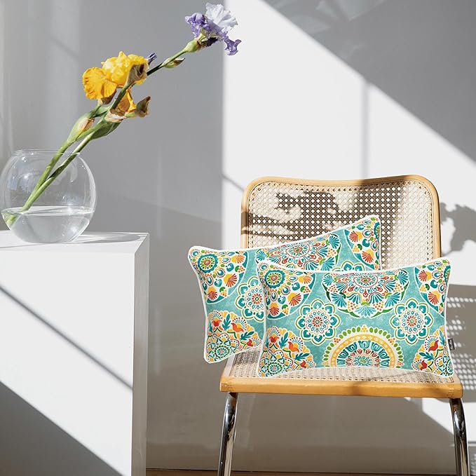 FUNHOME Set of 2 Outdoor Pillows for Patio Furniture, 12”x20” Water-Repellent Fade Resistant Outdoor Lumbar Pillow with Insert, Decorative Garden Pillows for Home Patio Coach Sofa Use-Cyan Circle