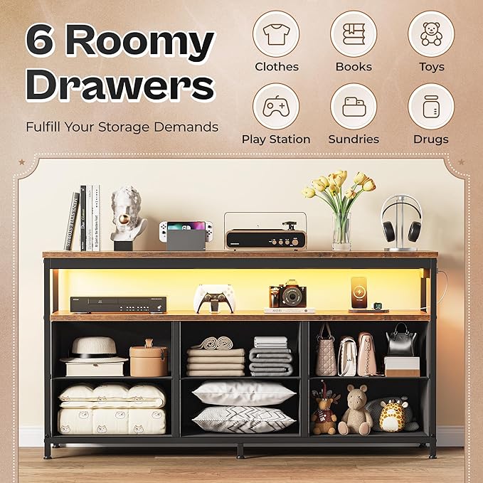 Huuger LED TV Stand for Bedroom, 47 Inch Dresser TV Stand for 43, 50, 55 Inch TV, Rustic Black TV Stand with Storage, Entertainment Center with Power Outlets, 6 Drawer Fabric Dresser for Living Room