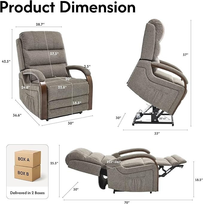 FLEXISPOT Dual Motor Power Lift Recliner Chair for Elderly, Electric Lay Flat Reclining Chair with Massage & Heat, Side Pockets, Fabric Single Sofa for Living Room,Light Brown
