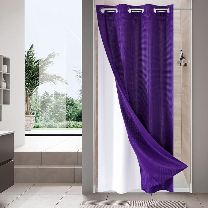 MitoVilla Purple Waffle Small Stall Shower Curtain 36 x 74, No Hooks Needed Half Size Narrow Waffle Weave Fabric Shower Curtain Set with Snap-in Liner for Lavender Modern Spa-Like Bathroom Decor