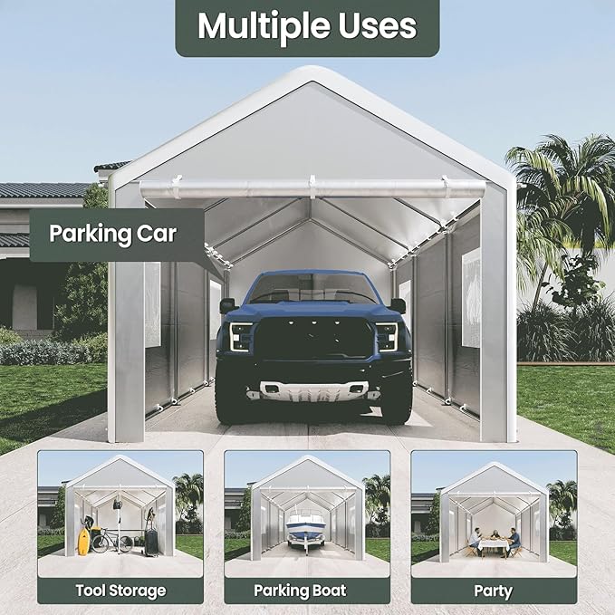 Carport 10x20 Ft, Heavy Duty Car Canopy with Reinforced Ground Bar, Portable Garage with Roll-up Windows and Removable Sidewalls, Galvanized Car Shelter, Large Outdoor Carports (Grey)