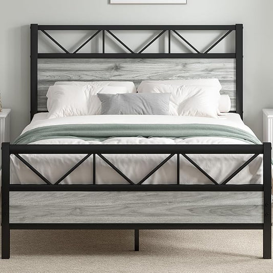 Full Size Bed Frame with Headboard, Industrial 51.2" Tall Headboard, Full Size Platform Bed Frame with Heavy Duty Metal Slats Support, No Box Spring Needed, Noise-Free, Easy Assembly, Wash Grey