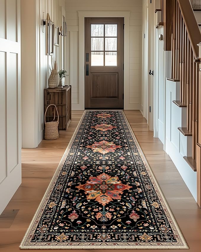 Area Rugs 2'x10' Washable Non-Slip, Floral Vintage Distress Print Pattern Medallion Carpet for Living Room Bedroom Dining Room, Black Colorful Floral Dark Tan