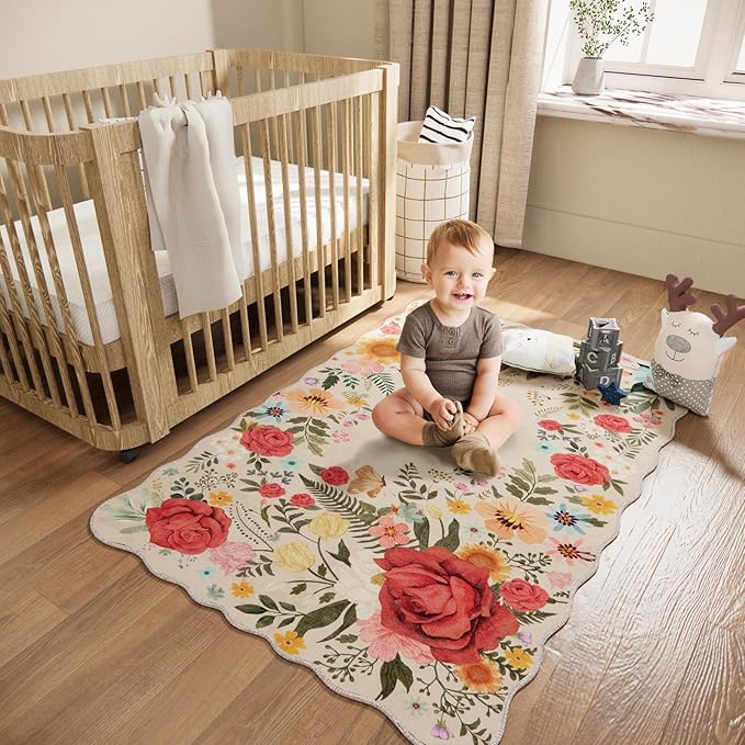 Floral Washable Area Rug 3'x5' Non Slip Boho Vintage Low Pile Soft Carpet for Living Room, Dining Room, Bedroom High Traffic Areas Indoor Rug for Bathroom, Entryway Decor (Beige