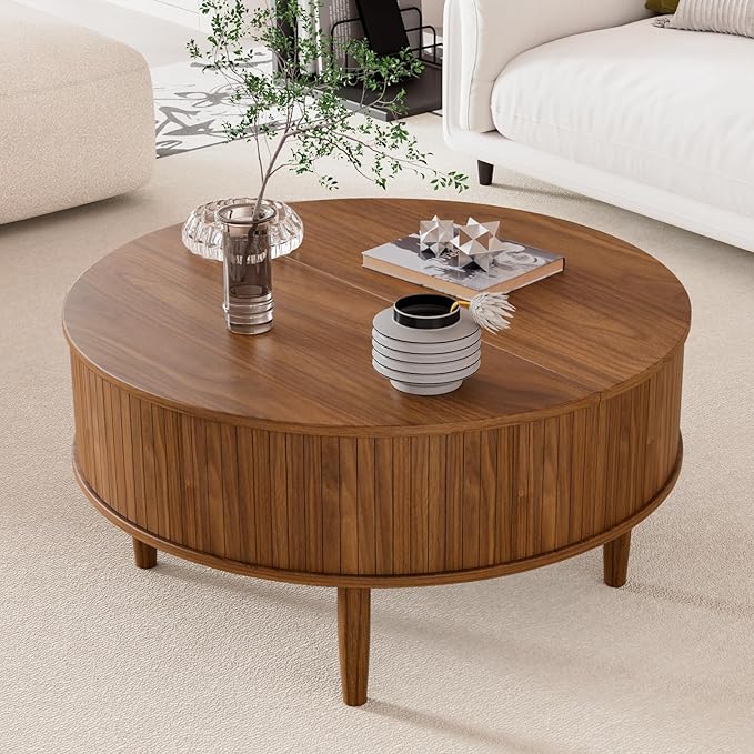 Round Fluted Lift Top Coffee Table with Storage, Mid Century Modern Coffee Table for Living Room, Home Small Space,31.5" Fluted Center Table (Brown, 31.5inch)